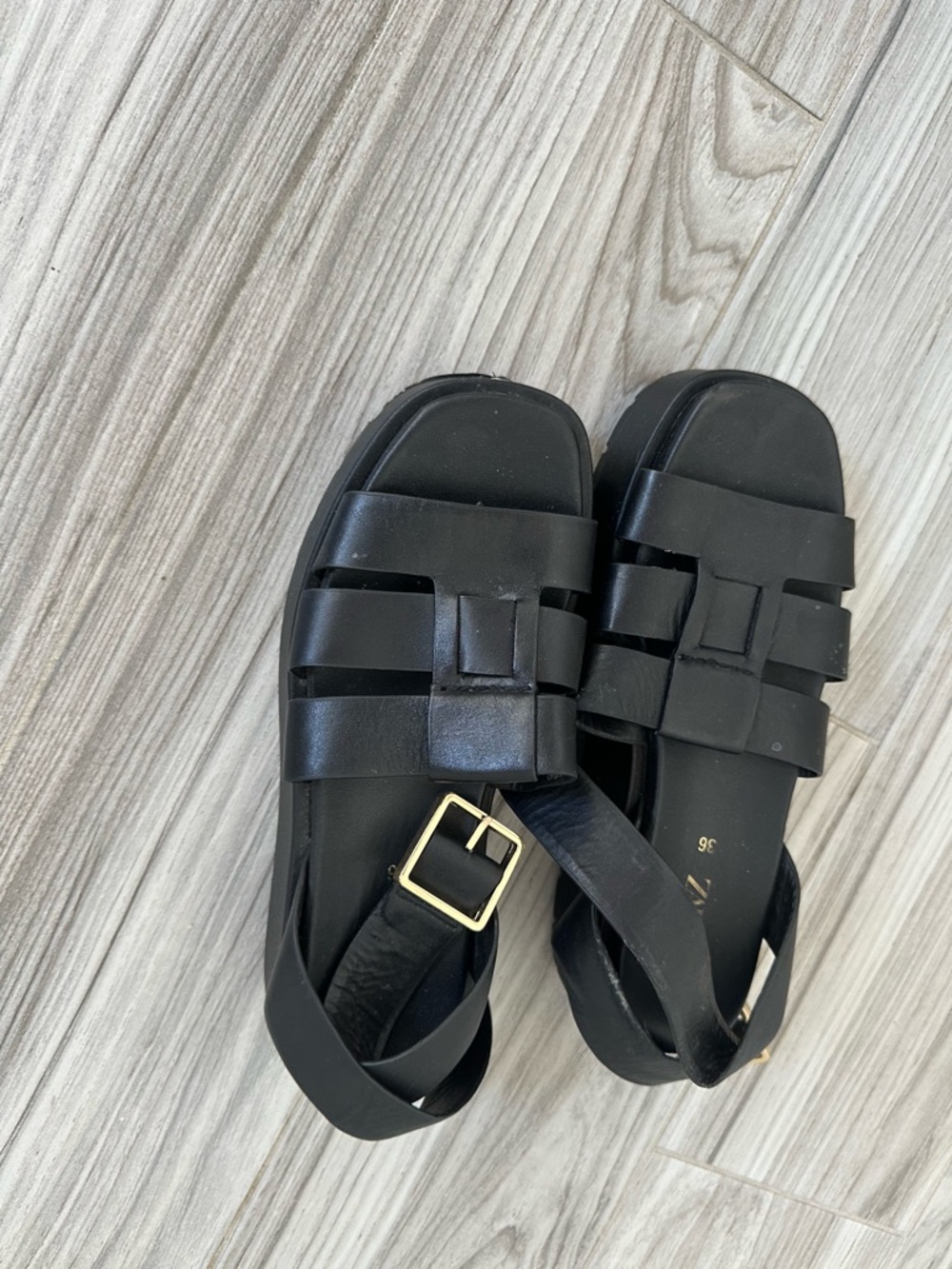 Zara Black Leather Weave Slingback Sandals with Gold Buckle